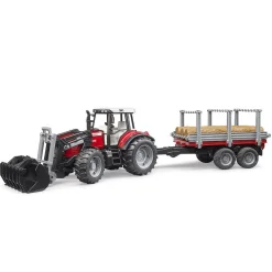 Bruder Tractor Massey Ferguson 7480 Met Houttransport Aanhanger
