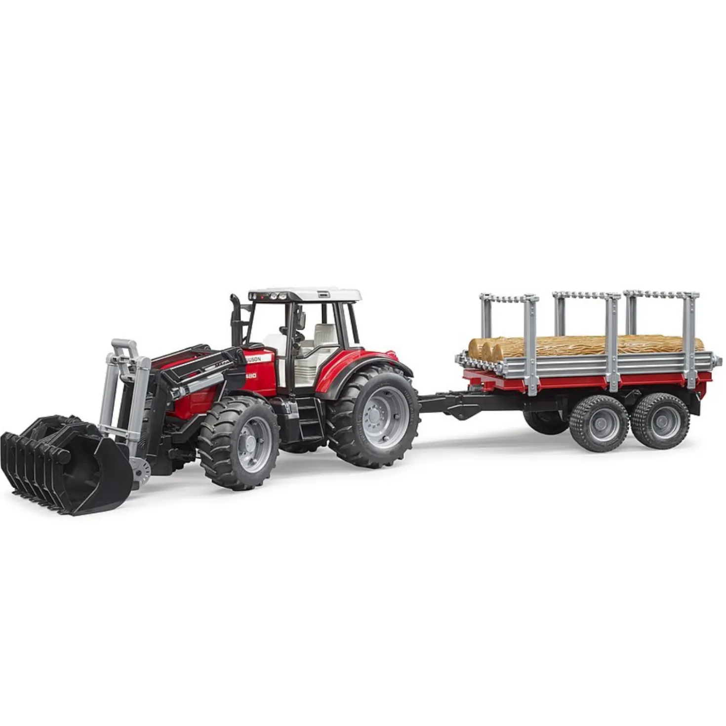 Bruder Tractor Massey Ferguson 7480 Met Houttransport Aanhanger