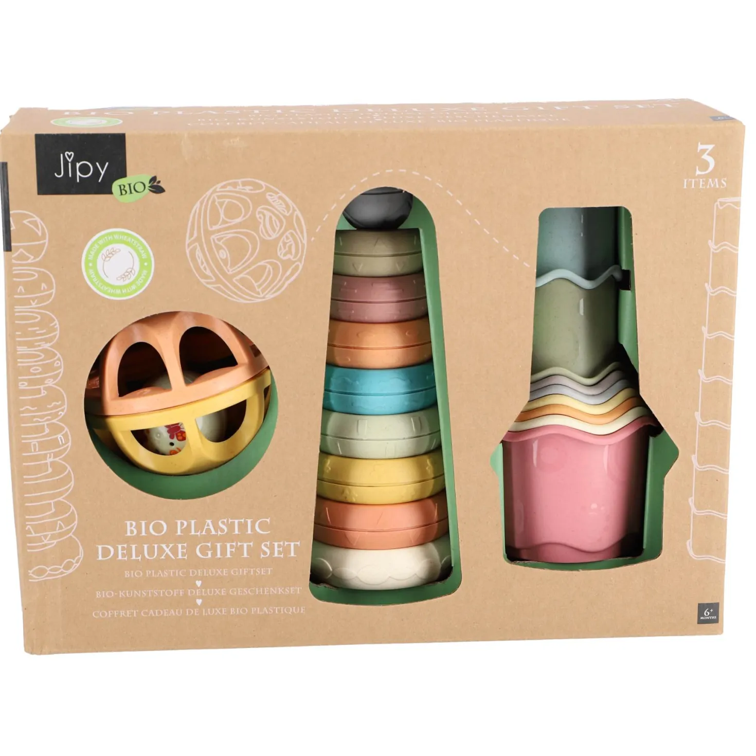 Jipy bioplastic Deluxe Giftset stapeltoren bad stapelbekertjes en speel ratelbal 3 delig