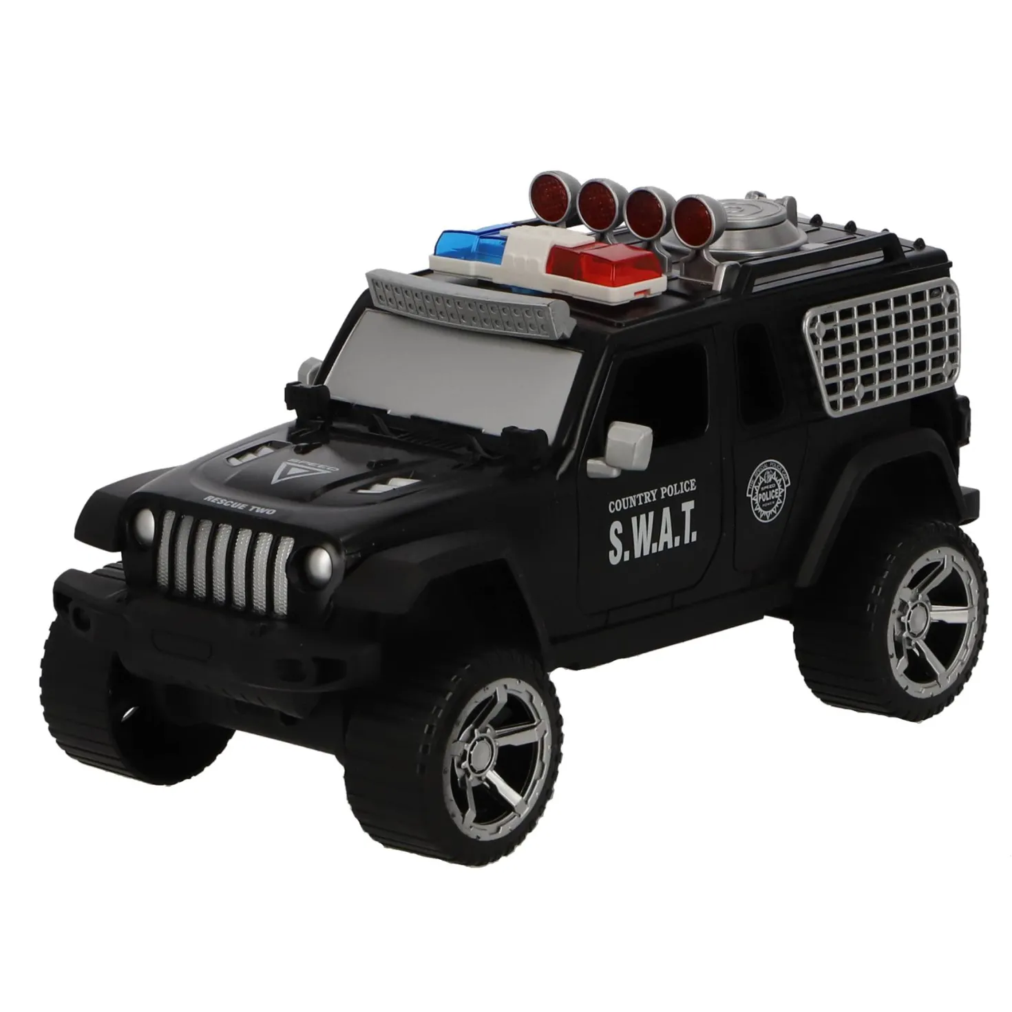 Politieauto met licht en geluid, politieagent, politiehond en accessoires