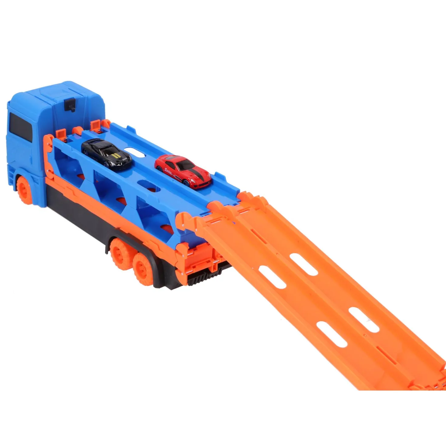 Pop-up auto transporter met 2 metal auto's