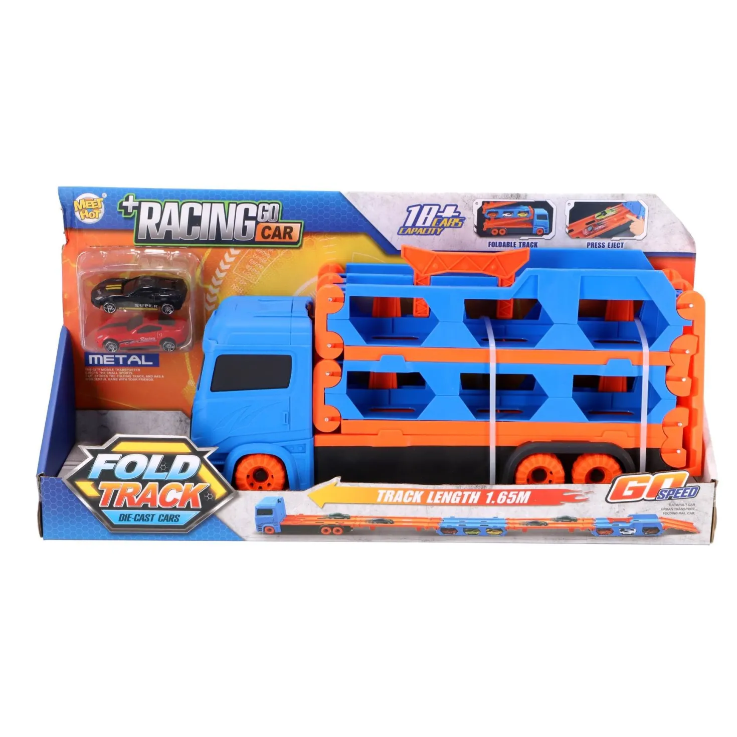 Pop-up auto transporter met 2 metal auto's