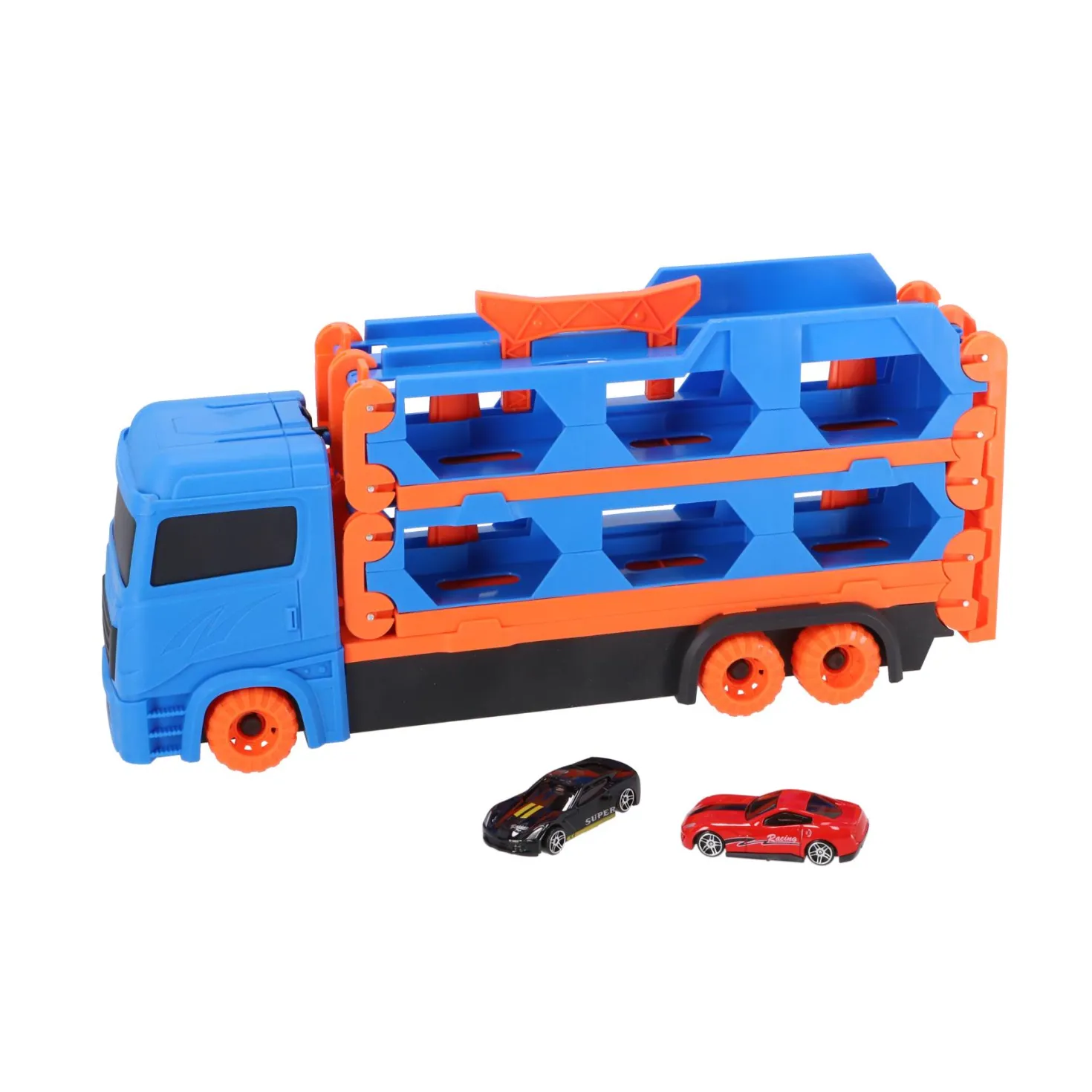 Pop-up auto transporter met 2 metal auto's