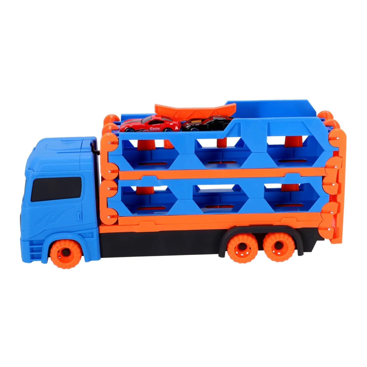 Pop-up auto transporter met 2 metal auto's