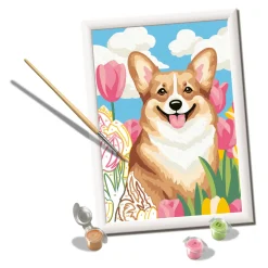 Ravensburger Creart schilderen op nummer Corgi tussen de tulpen