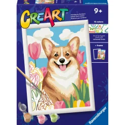 Ravensburger Creart schilderen op nummer Corgi tussen de tulpen