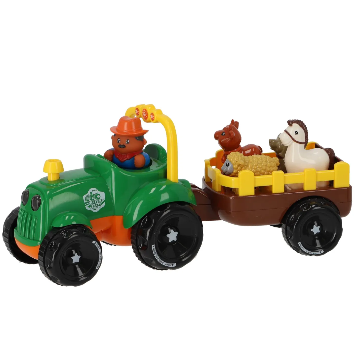Tractor met dieren op aanhanger met licht en geluid